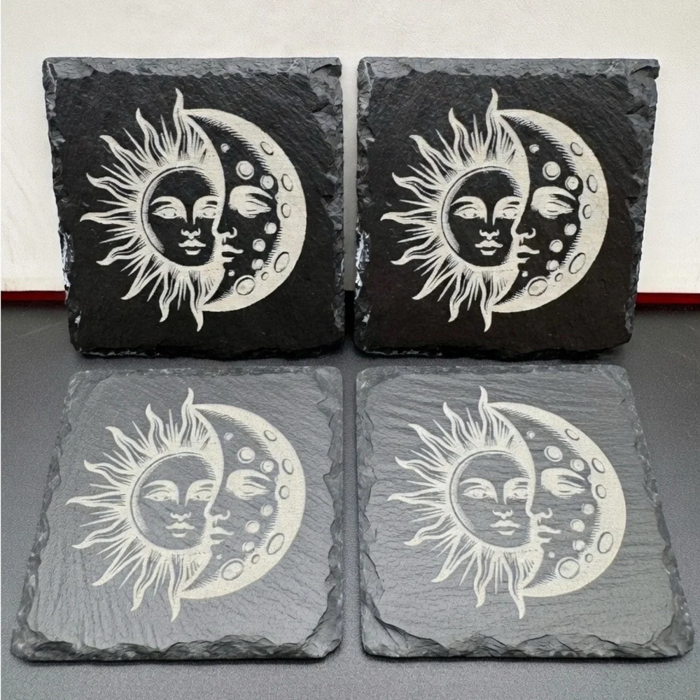 Sun and Moon Slate Coasters - Black and White Set of 4 Laser‎ Engraved Celestial